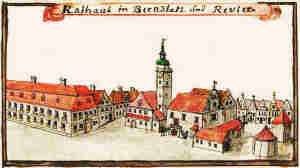 Rathaus in Bernstadt und Revier - Ratusz, widok oglny z otoczeniem